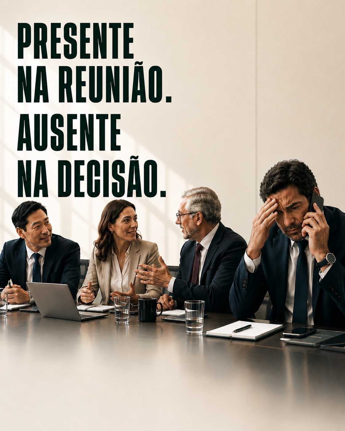 Executivo distraído ao telefone durante uma reunião de diretoria, enquanto os demais colegas discutem — retrato do presenteísmo financeiro